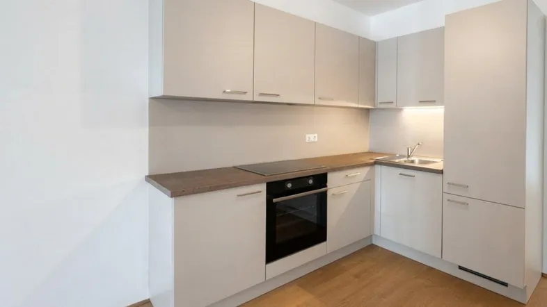 Moderne Einbauküche in hellem Beige mit integrierten Geräten und Holzoptik-Arbeitsplatte.