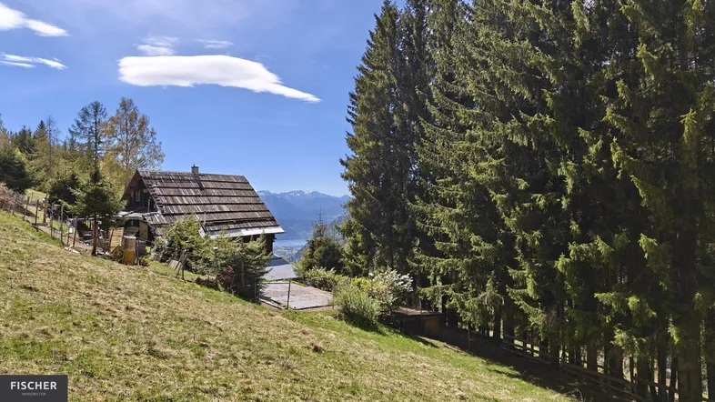 Rustikales Holzhaus auf einem grünen Hang, umgeben von hohen Bäumen mit Blick auf einen See und Berge.