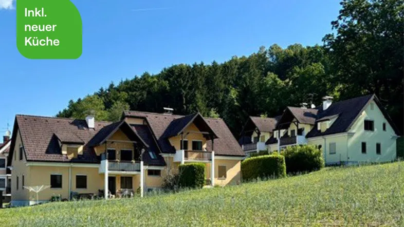 Mehrere Reihenhäuser in einer grünen Landschaft am Waldrand mit Blick auf die Natur.