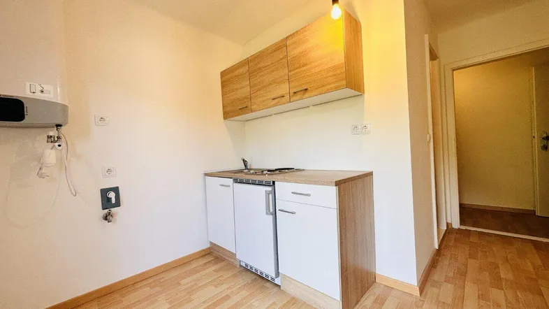 Kleine Küchenzeile mit Holzschränken und Laminatboden, ideal für ein Apartment.