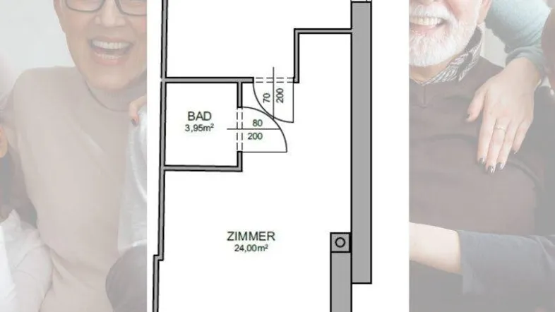 Grundrissplan einer Wohnung mit Schlafzimmer, Bad und einem weiteren Zimmer.