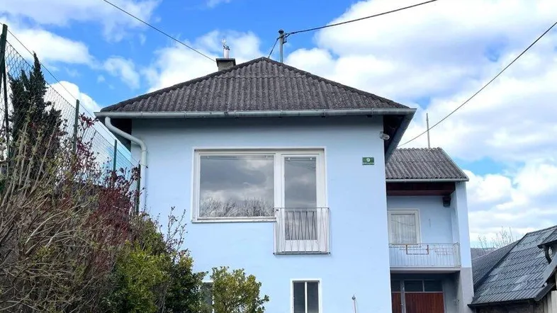 Vorderansicht eines hellblauen Hauses mit Auffahrt und Gartenbereich unter bewölktem Himmel.