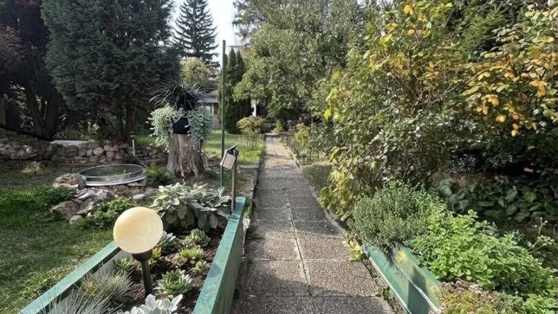 Langer Gartenweg mit bepflanzten Hochbeeten und hohen Bäumen unter blauem Himmel.