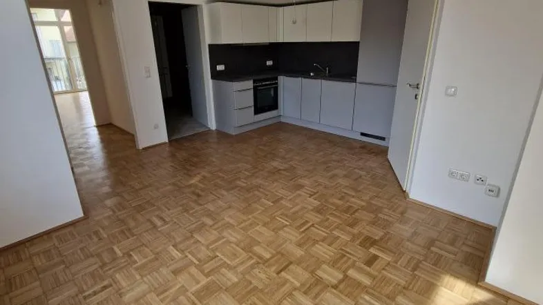 Heller Wohnbereich mit Fischgrätparkett und integrierter Küchenzeile, bietet Zugang zu einem Balkon.