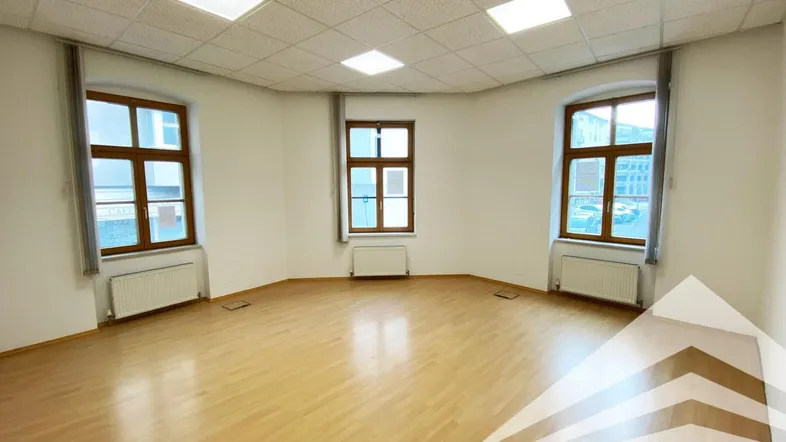 Heller Büroraum mit mehreren Fenstern, hellem Laminatboden und Rasterdeckenbeleuchtung.