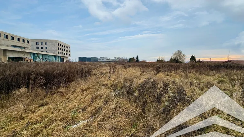 Blick über ein weitläufiges Feld mit trockener Vegetation und einem modernen Gebäude im Hintergrund unter bewölktem Himmel.