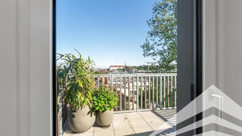 Blick von einem Innenraum auf einen sonnigen Balkon mit Pflanzen und Stadtpanorama.