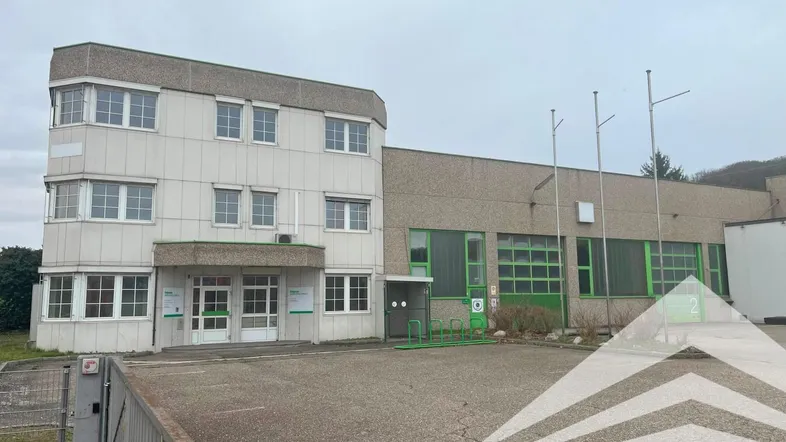 Ansicht des Büro- und Hallengebäudes mit großem Vorplatz und Zufahrt zum Gelände.