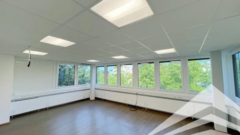 Geräumiges, leeres Büro mit vielen Fenstern, die viel Tageslicht und einen Blick ins Grüne bieten.