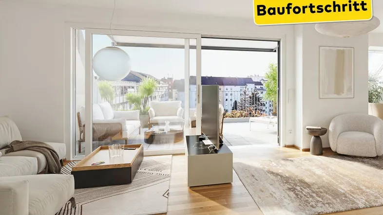 Helles, modernes Wohnzimmer mit Holzboden, Zugang zum Balkon und Blick auf die Stadt.