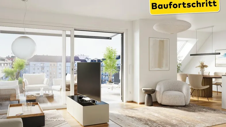 Helles, modernes Wohn-Esszimmer mit Holzboden, Zugang zur Terrasse und Stadtblick.