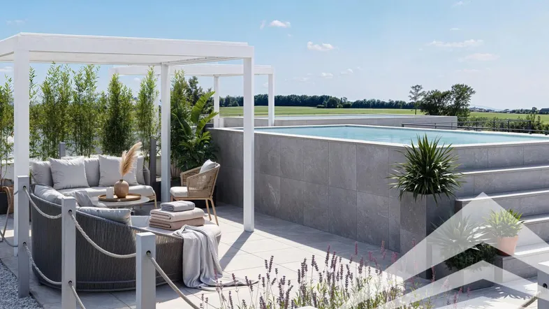 Großzügige Dachterrasse mit modernem Lounge-Bereich, Pool und weitem Blick ins Grüne.