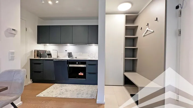 Moderne Küche mit dunklen Schränken und Holzboden, offen zum Eingangsbereich mit Garderobe.