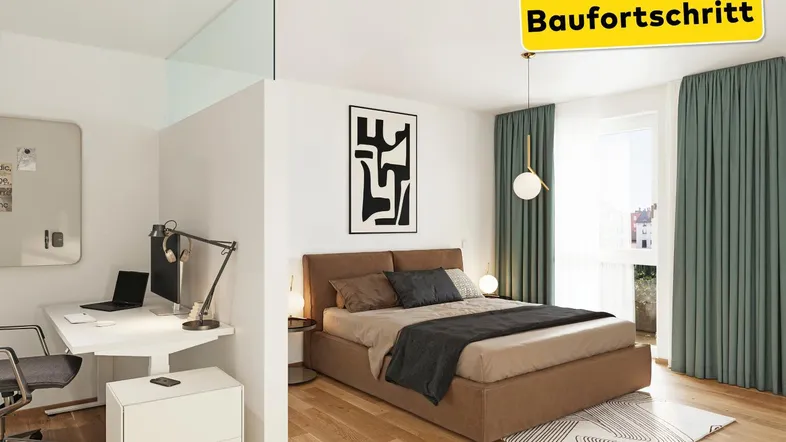 Modernes Schlafzimmer mit Holzboden, separatem Arbeitsbereich und großen Fenstern, die viel Licht hereinlassen.