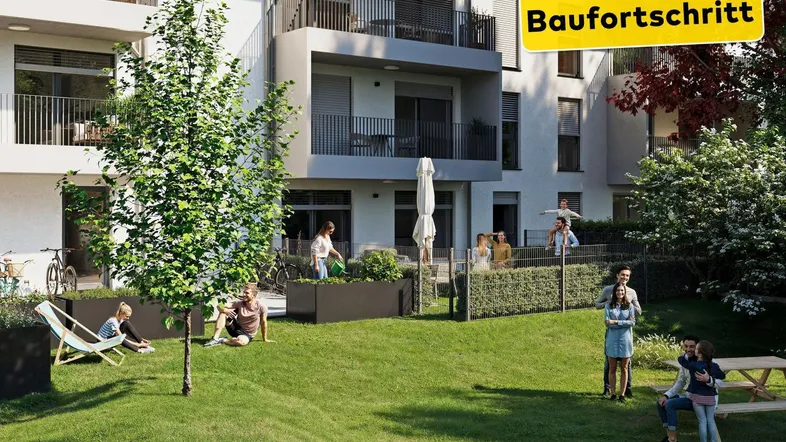 Visualisierung eines modernen Wohngebäudes mit gemeinschaftlichem Gartenbereich und spielenden Menschen.