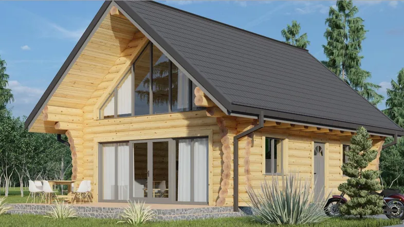 Modernes Blockhaus mit großen Giebelfenstern, Holzfassade und kleiner Terrasse im Grünen.
