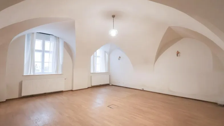 Geräumiger, heller Raum mit gewölbter Decke und Holzboden, ideal für vielseitige Nutzung.