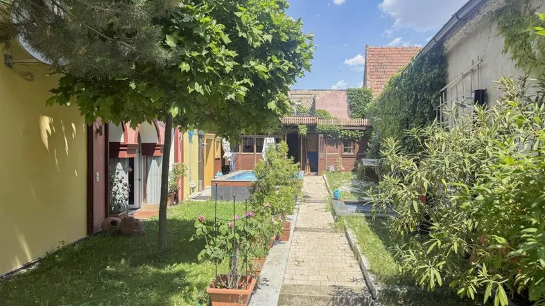 Gepflegter Gartenbereich mit kleinem Pool, umgeben von Grünflächen und Gebäuden.