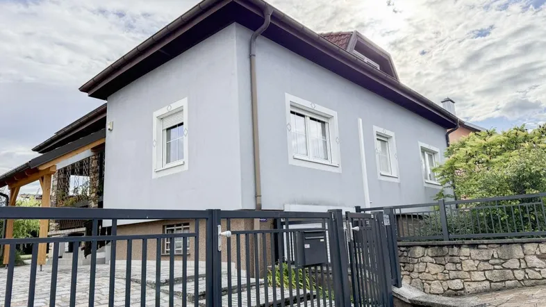 Ansicht des Hauses mit hellgrauer Fassade, dunklem Dach und einem stabilen Metallzaun im Vordergrund.