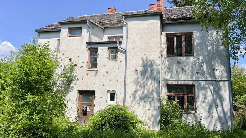Alte Hausfassade mit sichtbaren Schäden und überwuchertem Eingangsbereich unter blauem Himmel.
