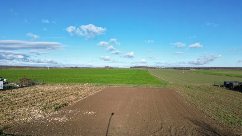 Weitläufige Felder und ein unbebautes Grundstück unter blauem Himmel mit Wolken.