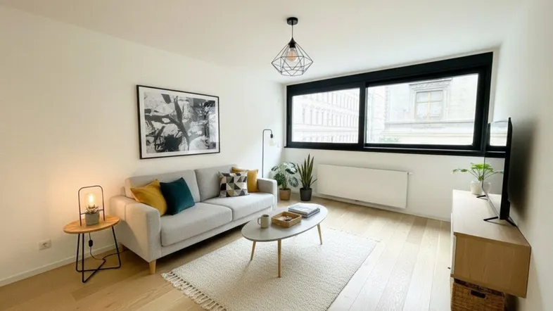 Helles Wohnzimmer mit modernem Sofa, Holzboden und großen Fenstern mit Stadtblick.