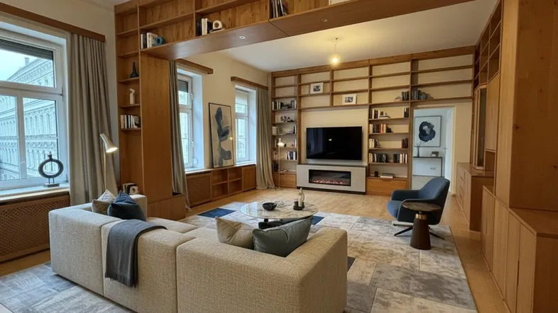 Geräumiges Wohnzimmer mit maßgefertigten Holzregalen, Parkettboden und einem modernen Elektrokamin.
