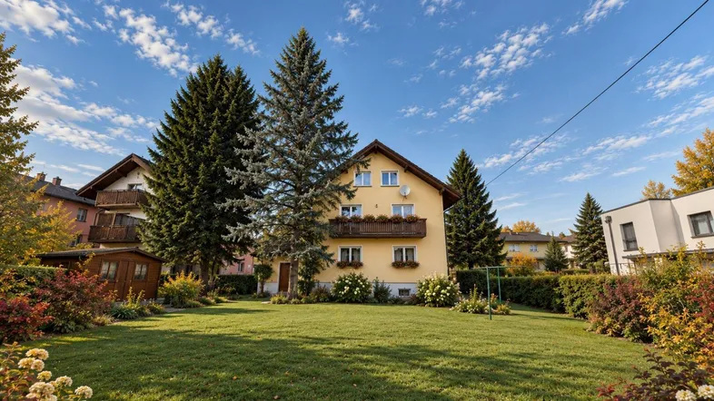 Charmantes Haus mit gelber Fassade, großem Garten, hohen Bäumen und einem Spielplatz.