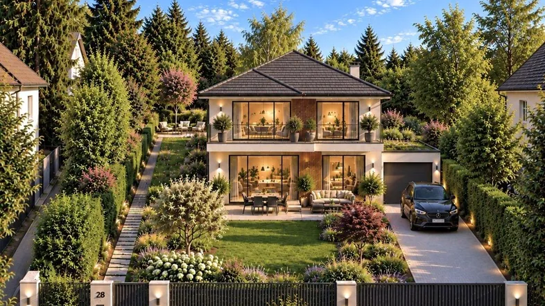Moderne Villa mit gepflegtem Garten, großer Terrasse und integrierter Garage, umgeben von viel Grün.