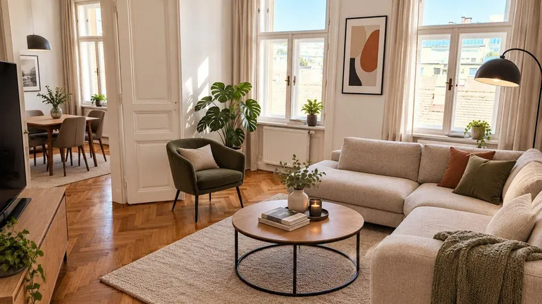 Helles Wohnzimmer mit beigem Ecksofa, Holzboden und Blick in den angrenzenden Essbereich. Große Fenster sorgen für viel Licht.