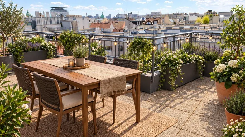 Geräumige Dachterrasse mit Esstisch, vielen Pflanzen und weitem Blick über die Stadt.