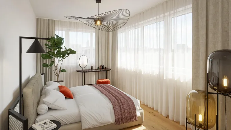 Helles Schlafzimmer mit Holzboden, großen Fenstern und moderner Beleuchtung.