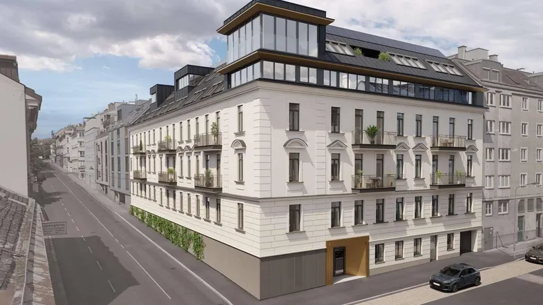 Moderne Architektur eines Wohngebäudes mit Balkonen und Dachgeschossausbau, von der Straße aus gesehen.