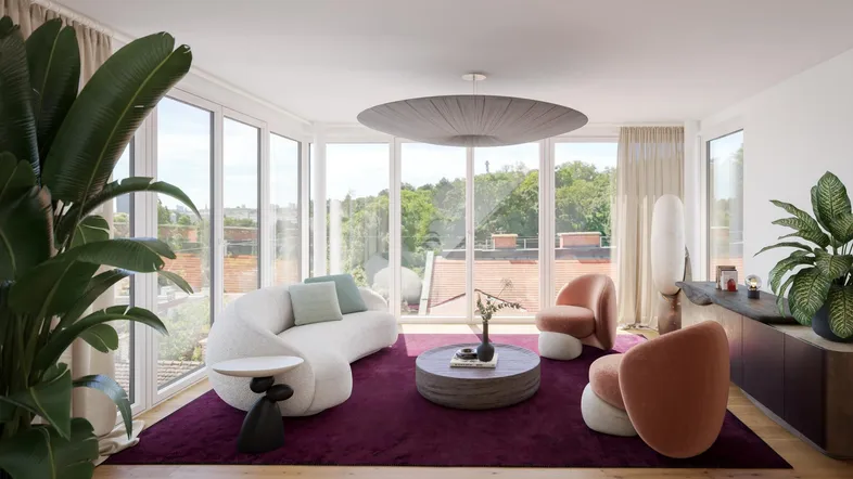 Helles, modernes Wohnzimmer mit großen Fenstern, lila Teppich und Blick ins Grüne.