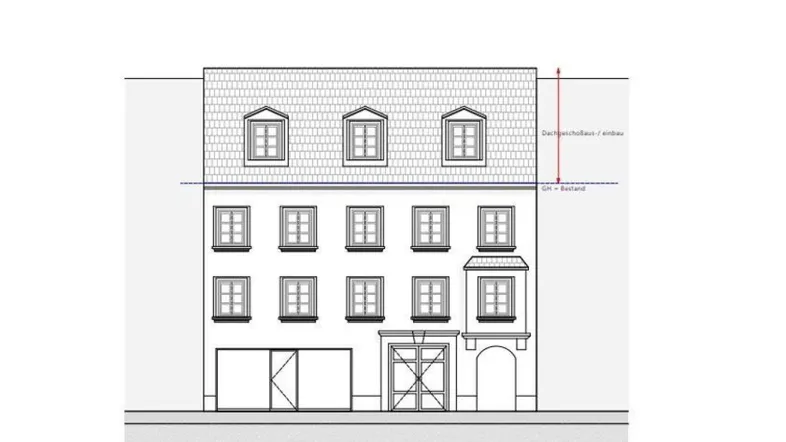 Architektonische Ansicht eines Gebäudes mit geplantem Dachgeschossausbau und Mansarddach.