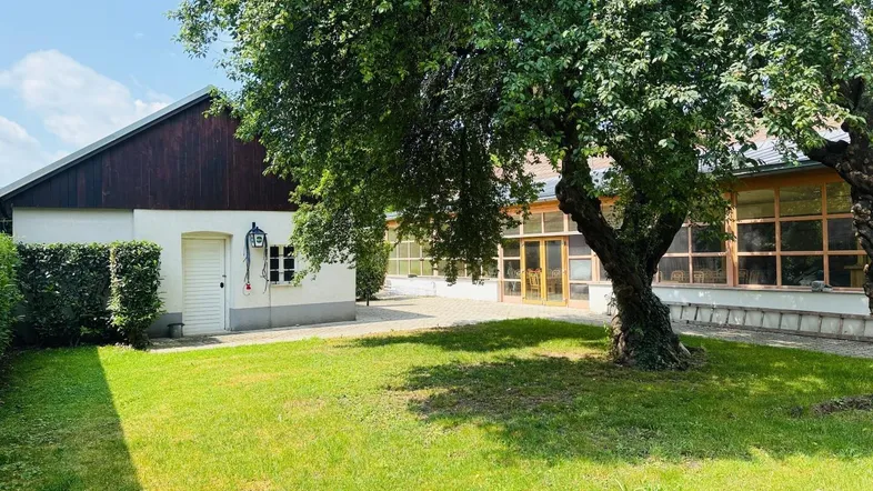 Außenansicht eines Gebäudes mit großem Baum, Rasenfläche und einem Anbau mit vielen Fenstern.