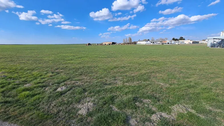 Weitläufiges grünes Feld unter blauem Himmel mit vereinzelten Gebäuden in der Ferne.