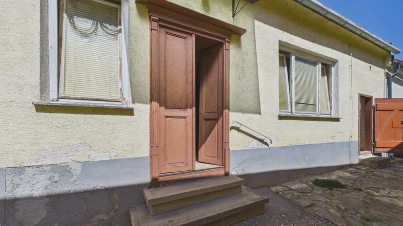 Alte Holztür mit Vordach und Stufen an einer verputzten Hausfassade.