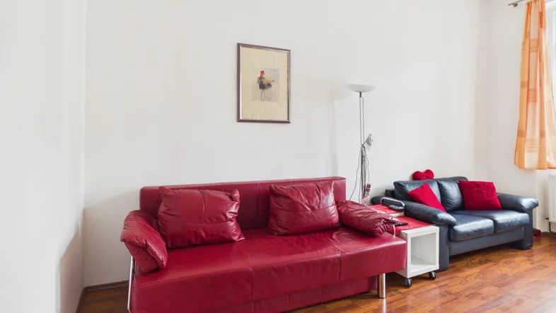 Gemütliches Wohnzimmer mit Holzboden und zwei Sofas in Rot und Dunkelblau für entspannte Stunden.