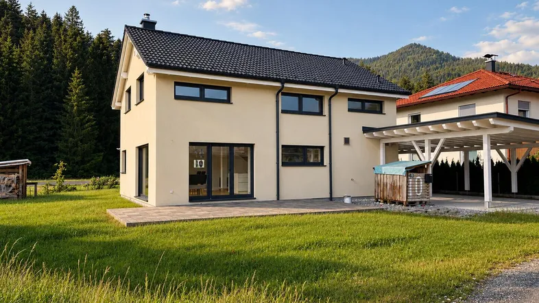 Modernes Einfamilienhaus mit heller Fassade, dunklem Dach und Carport in ländlicher Umgebung.