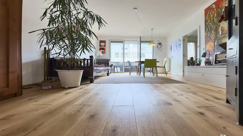 Helles Wohn- und Esszimmer mit Holzboden, großer Pflanze und offenem Essbereich.