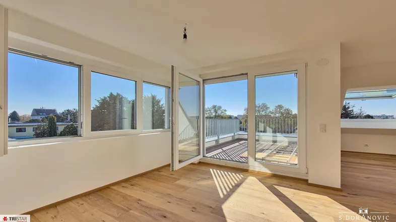 Helles Zimmer mit Holzboden, großen Fenstern und Zugang zu einer Dachterrasse.