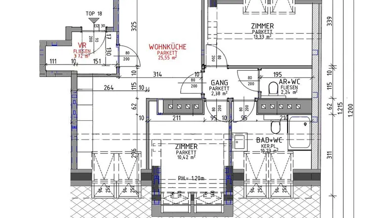 Grundriss der Wohnung TOP 18 im 2. Dachgeschoss mit Wohnküche, zwei Zimmern und Terrasse.