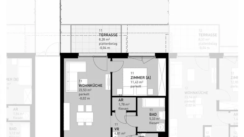 Grundriss des Erdgeschosses mit Wohnküche, Zimmer, Bad, Terrasse und Garten.