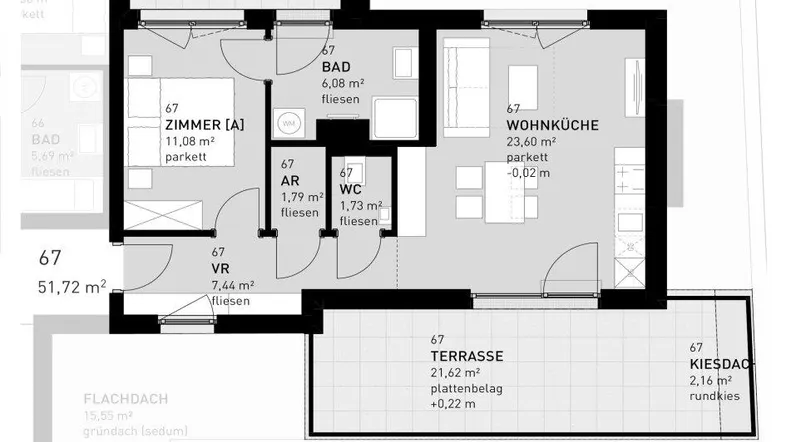 Detaillierter Grundriss des 3. Obergeschosses mit Wohnküche, Schlafzimmer und zwei Terrassen.