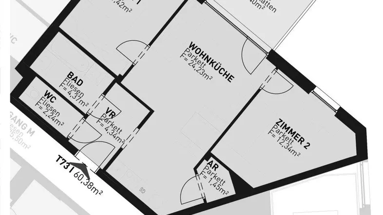 Grundriss einer Wohnung im 4. Obergeschoss mit zwei Zimmern, Wohnküche und Balkon.
