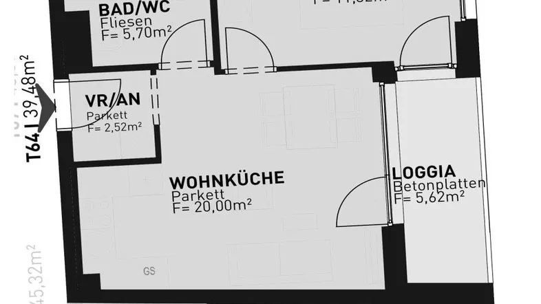Grundriss einer Wohnung im 4. Obergeschoss mit Wohnküche, Zimmer, Bad und Loggia.