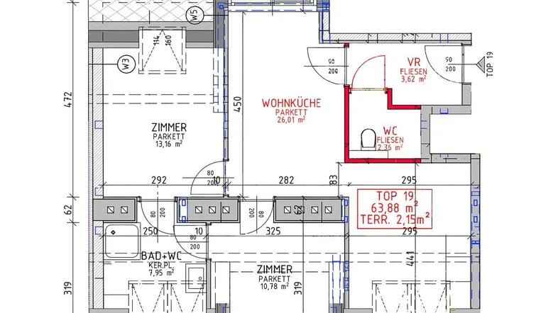 Grundriss des 2. Dachgeschosses mit Wohnküche, zwei Zimmern, Bad und Terrasse.