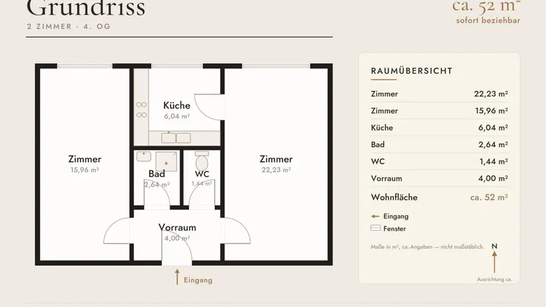 Übersichtlicher Grundriss einer 2-Zimmer-Wohnung im 4. Obergeschoss mit separater Küche und Bad.