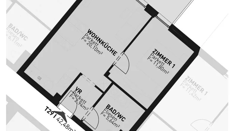 Grundriss des 1. Obergeschosses mit Wohnküche, zwei Zimmern, zwei Bädern und Balkon.